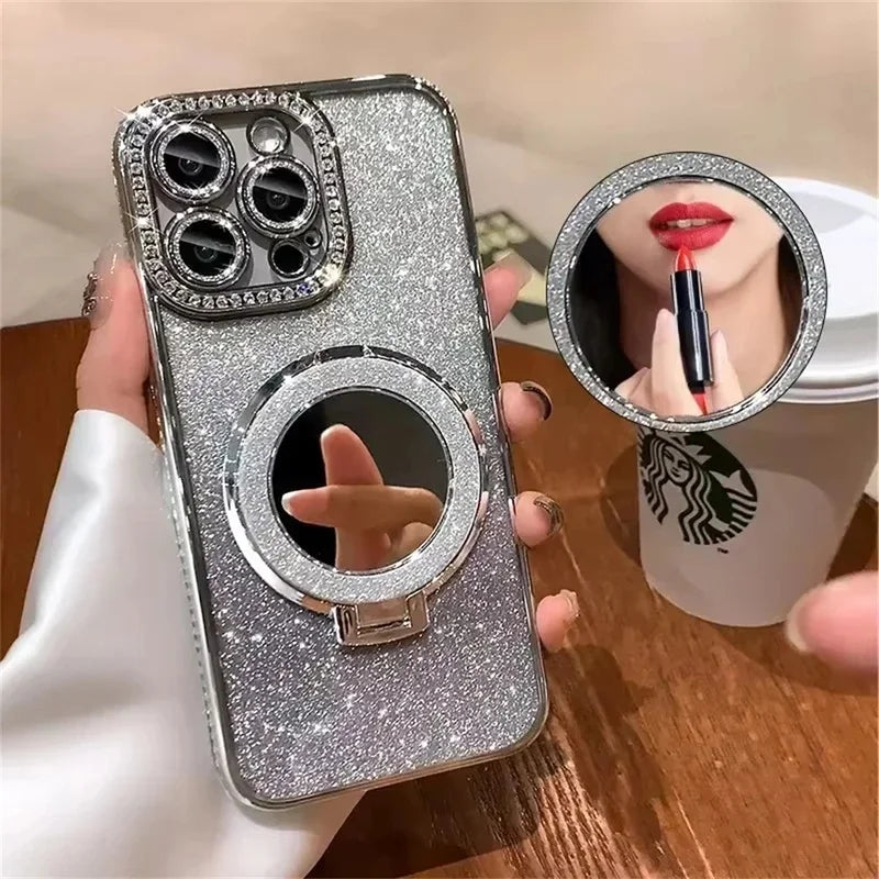 Glitter Magnetic Mirror Phone Case with Stand for iPhone 11 Pro, iPhone 11 Pro Max, iPhone 11, iPhone 14, iPhone 14 Pro, iPhone 13 Pro Max, iPhone 15, iPhone 15 Pro, iPhone 14 Pro Max, iPhone 12 Pro, iPhone 12 Pro Max, iPhone 12 & More Models