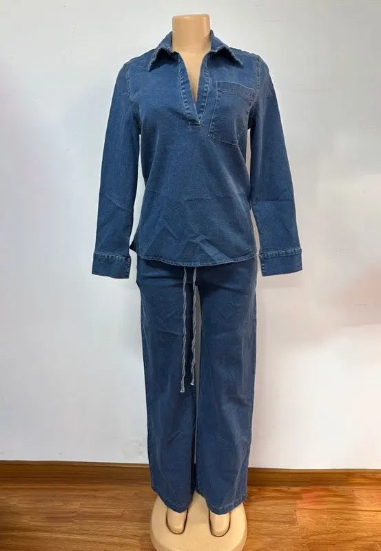 Women's Washed Denim Shirt & Wide-Leg Pants Set