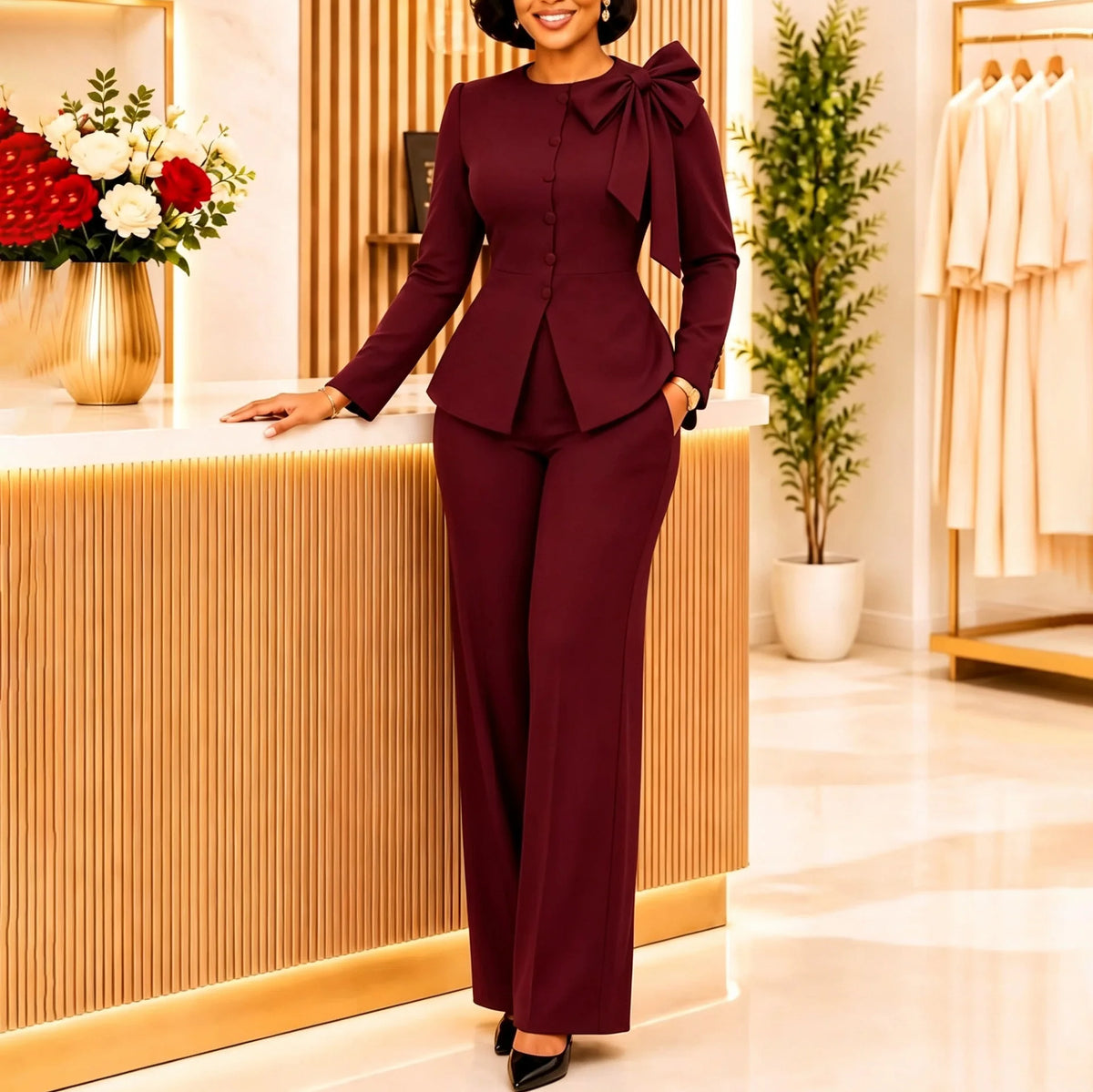 Women's Bow Peplum Top & Wide-Leg Pants Set