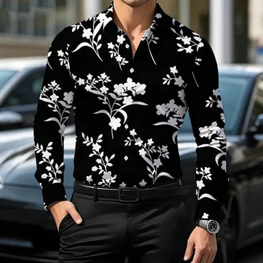 Men's Floral Print Long-Sleeve Casual Shirt