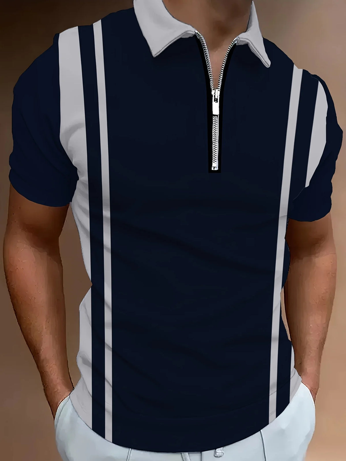 Men's Striped Zip-Neck Polo Shirt