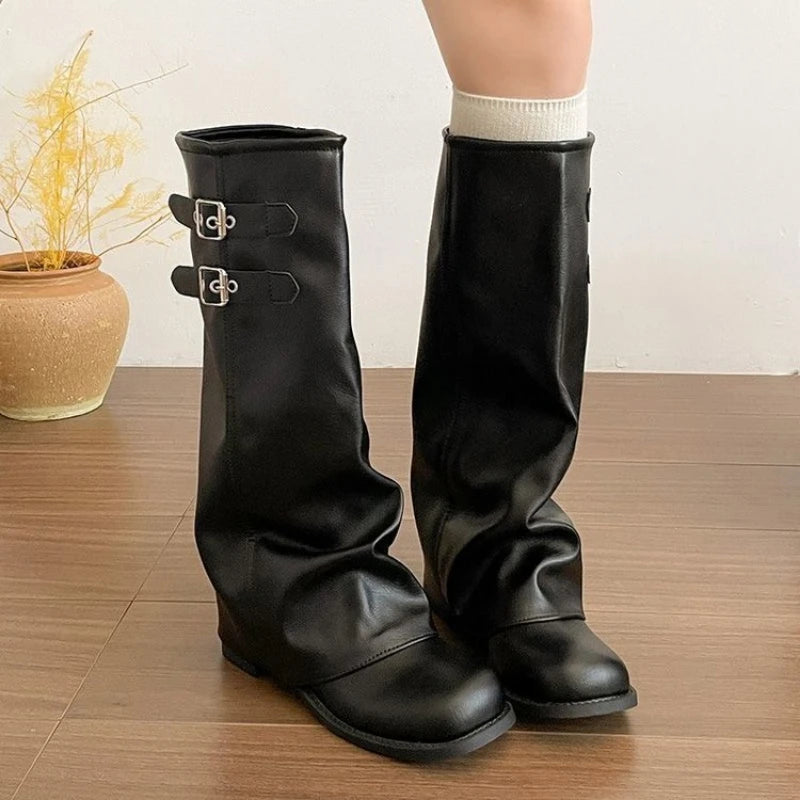 Women's Foldover Wedge Boots with Buckle Detail — product view