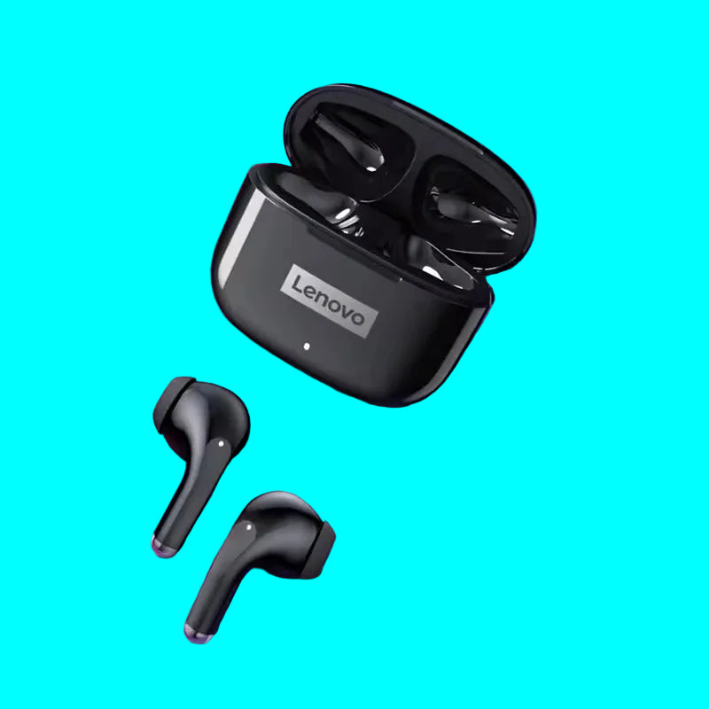 Lenovo wireless earbuds with charging case on a pink and purple gradient background