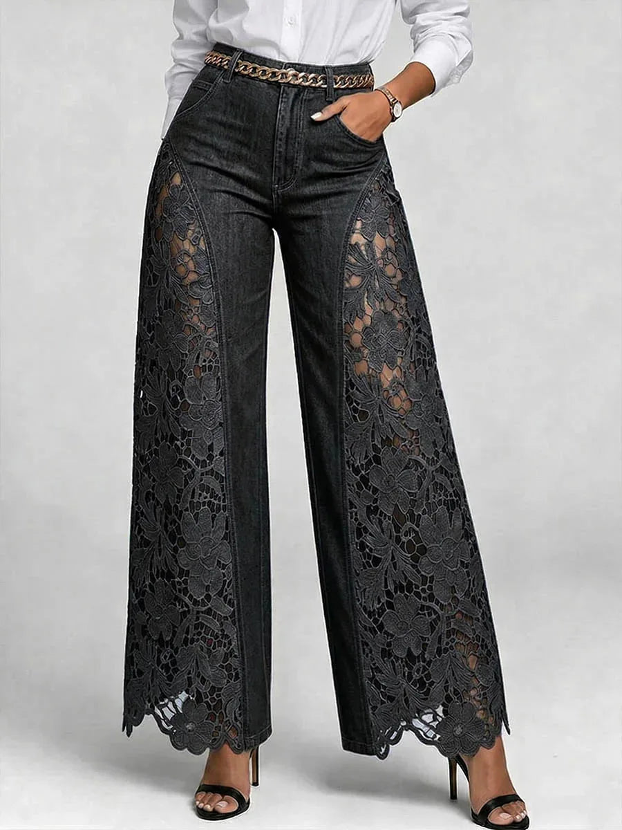 Women's Lace-Detail High-Waist Wide-Leg Jeans — product view