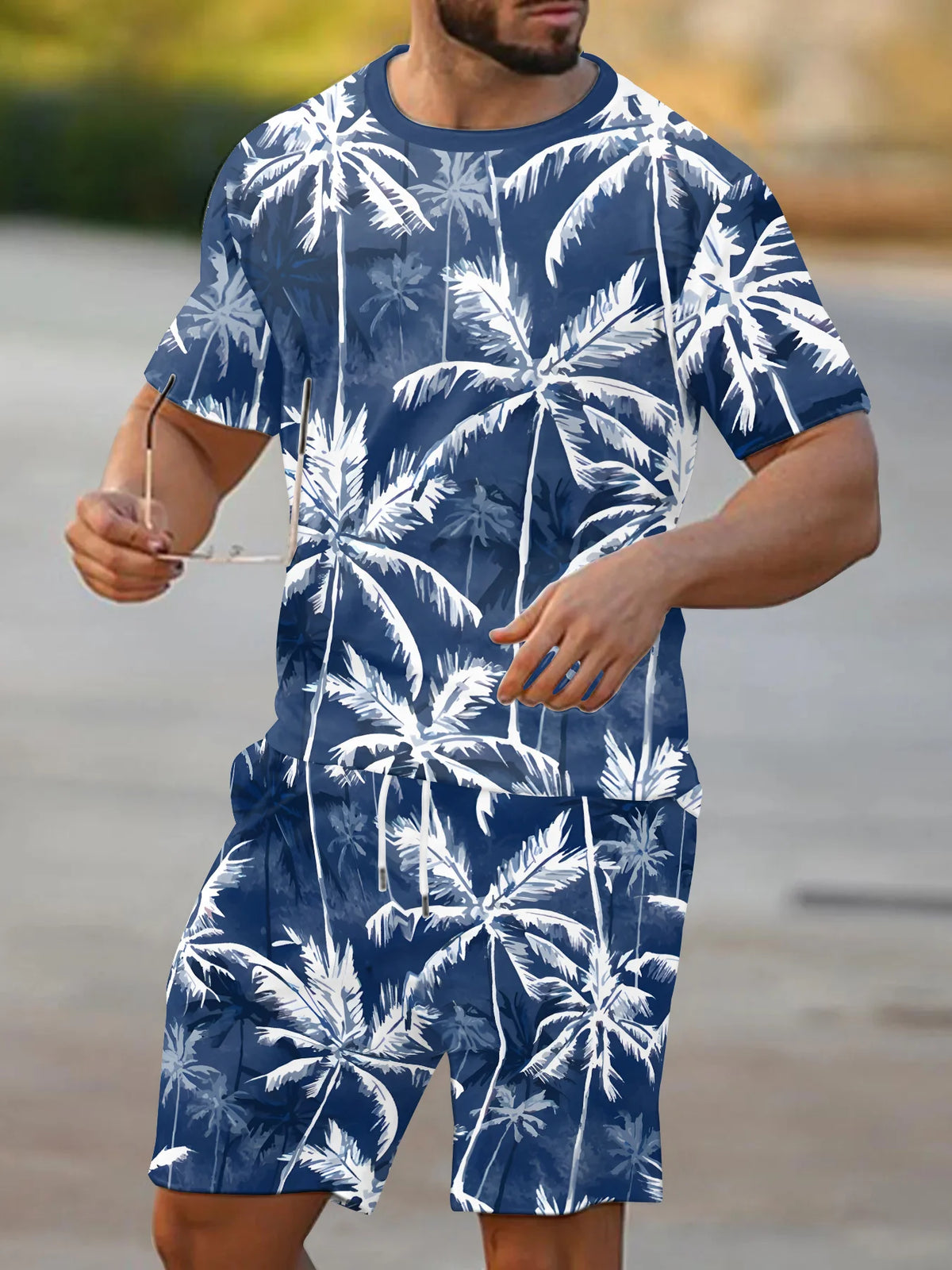 Men's Palm Tree Print Top & Shorts Set