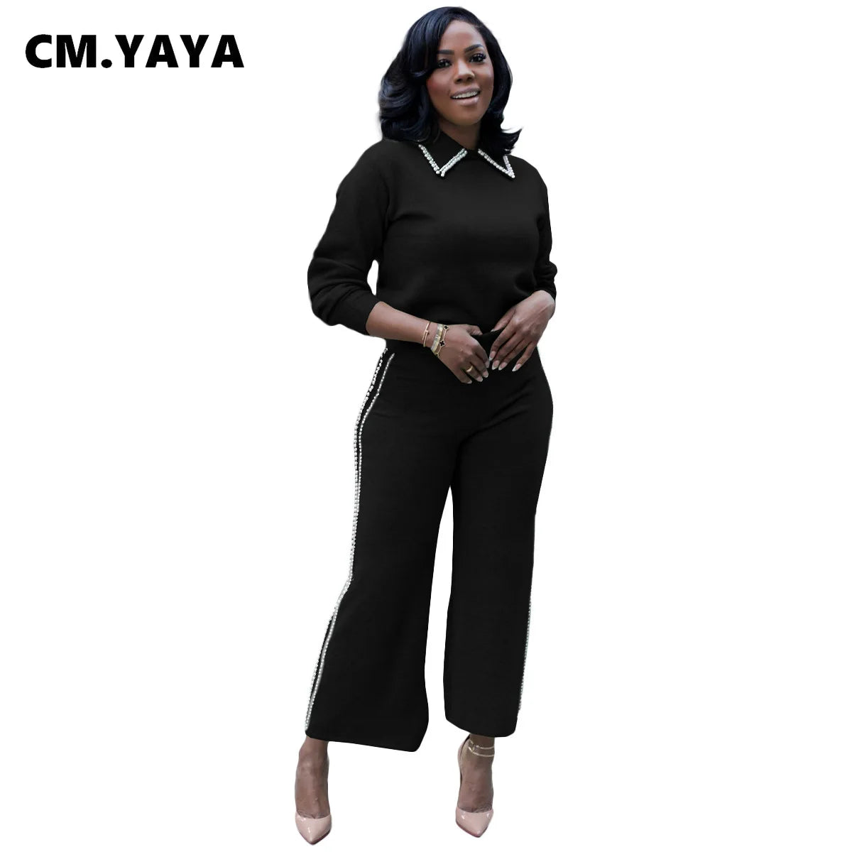 Women's Pearl-Detail Top & Wide-Leg Pants Set