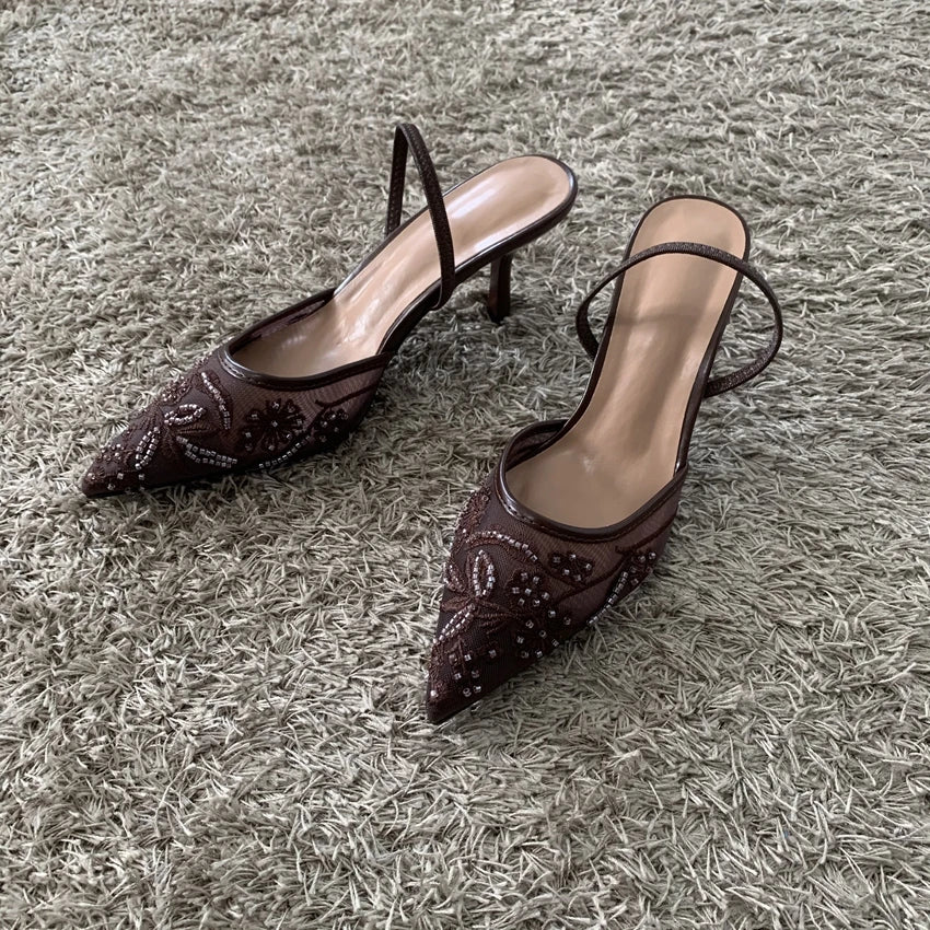 Women's Beaded Mesh Slingback Heels — product view