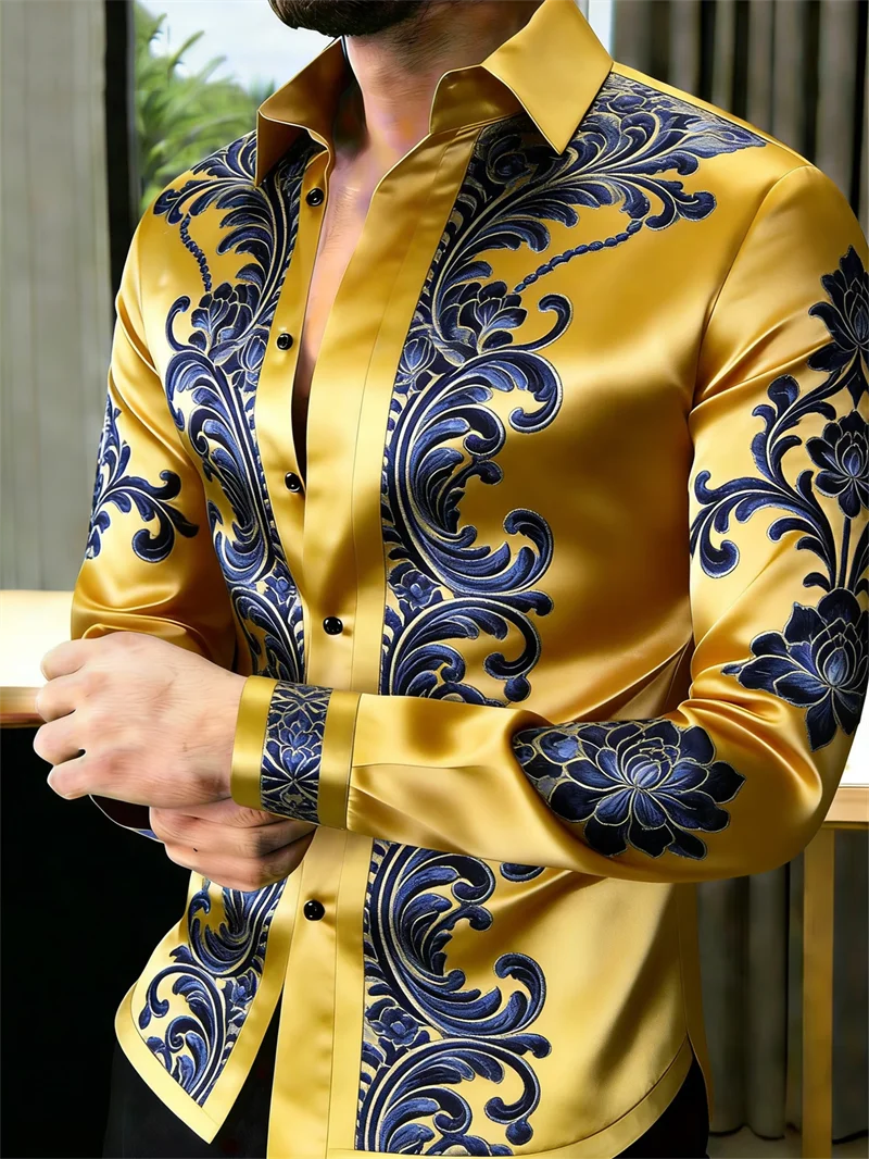 Men's Floral Print Long-Sleeve Casual Shirt