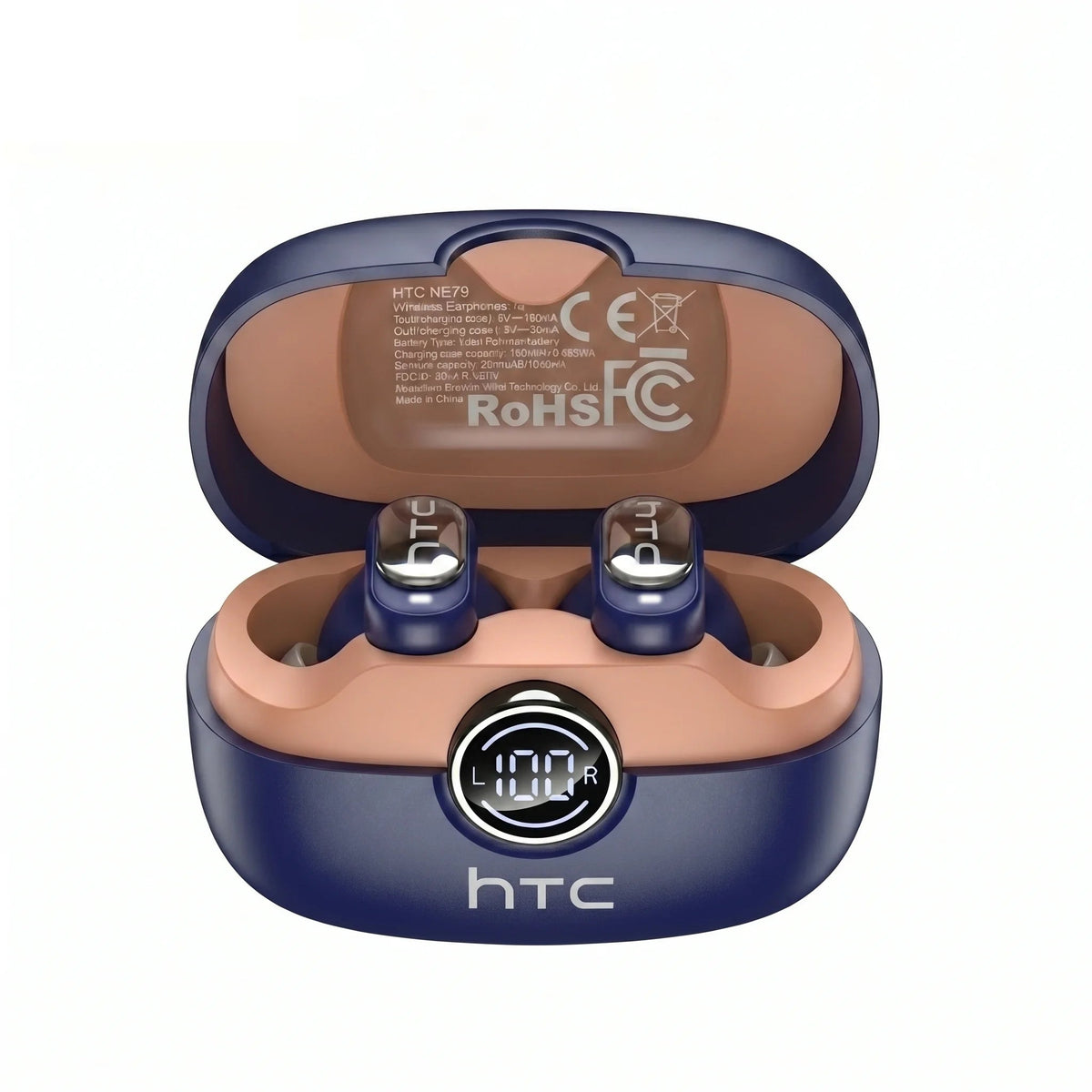 True wireless earbuds in charging case with HTC branding on a white background