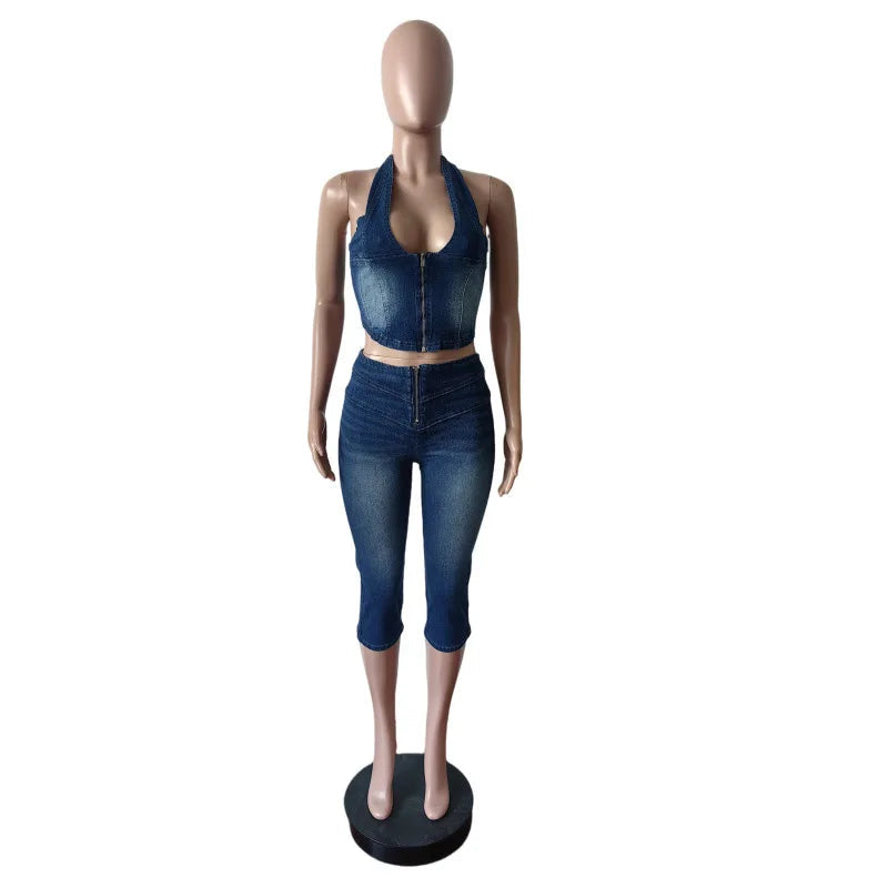 Mannequin wearing a blue denim outfit with 'CM.YAYA' branding.
