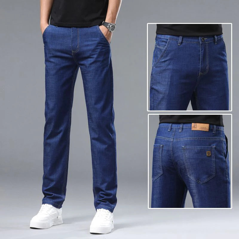 Men's Blue Straight-Leg Stretch Denim Jeans - Business Casual Style — product view