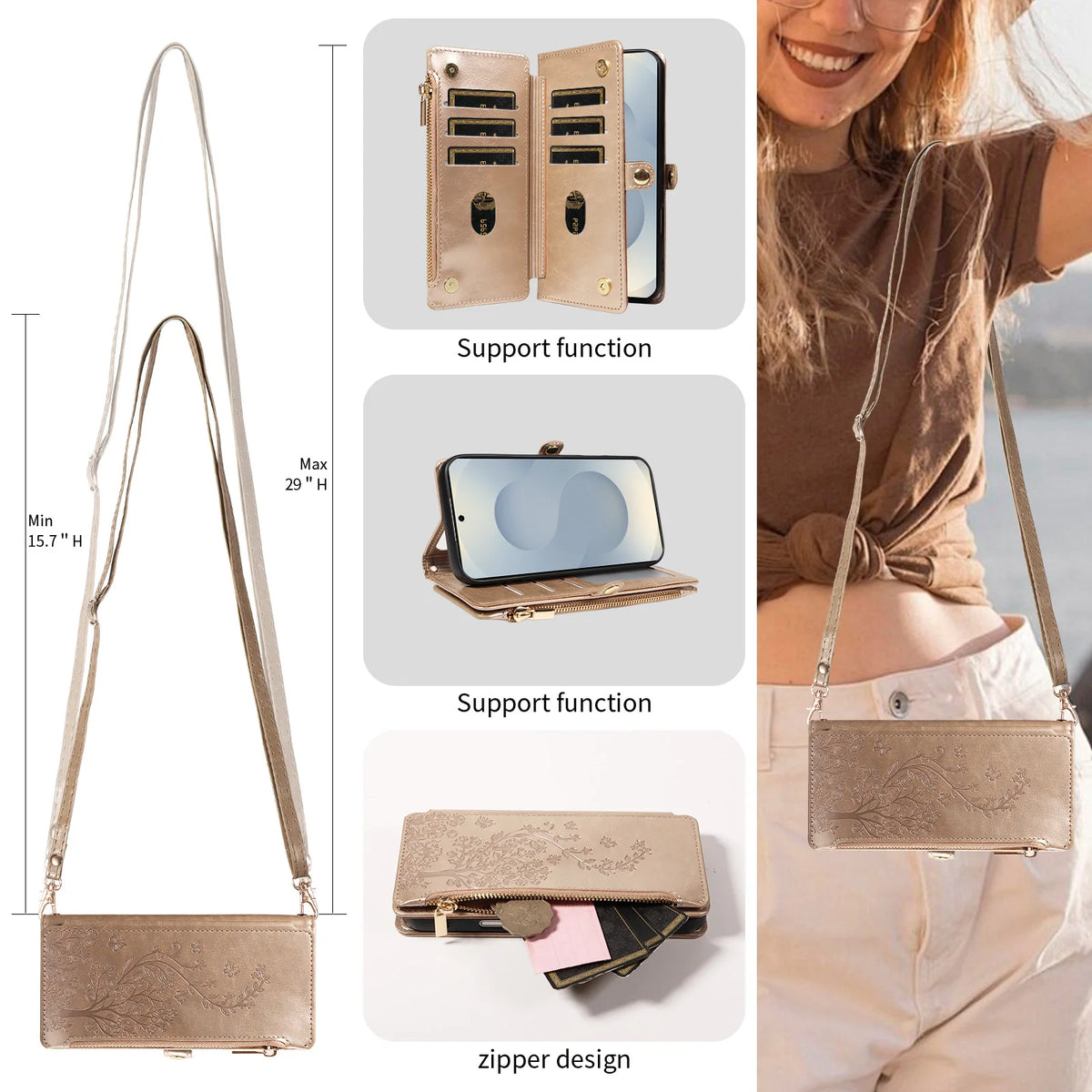 Floral Embossed Crossbody Zipper Wallet Phone Case for Samsung Galaxy S21+ 5G, S21 FE 5G, S21 Ultra 5G, S21, S20, S20 FE, S20+, S20 Ultra, S23 Ultra, S23 FE, S23+, S24 Ultra, S22+ 5G, S22 5G, S22 Ultra 5G, S23, S25 Ultra, S25 FE & More Models