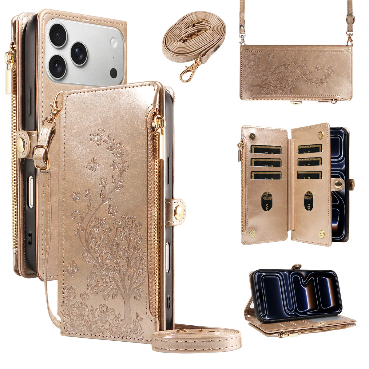 Floral Embossed Crossbody Zipper Wallet Phone Case for iPhone 11, iPhone 12 Pro Max, iPhone 11 Pro Max, iPhone 11 Pro, iPhone XS Max, iPhone XS, iPhone SE (2022), iPhone XR, iPhone 8 Plus, iPhone 8, iPhone 18 Pro & More Models