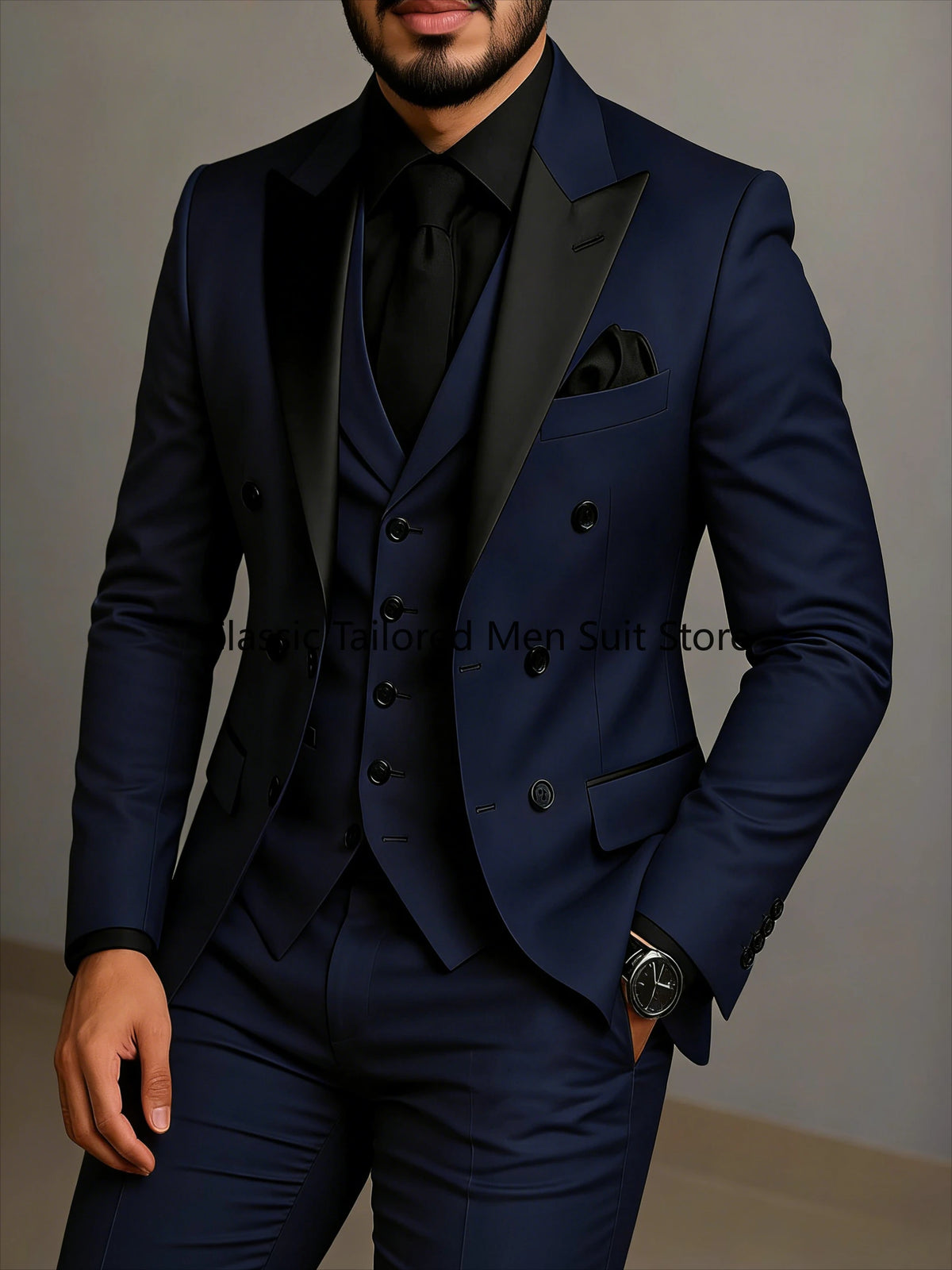 Men's Beige Slim-Fit Double-Breasted Suit Set — product view