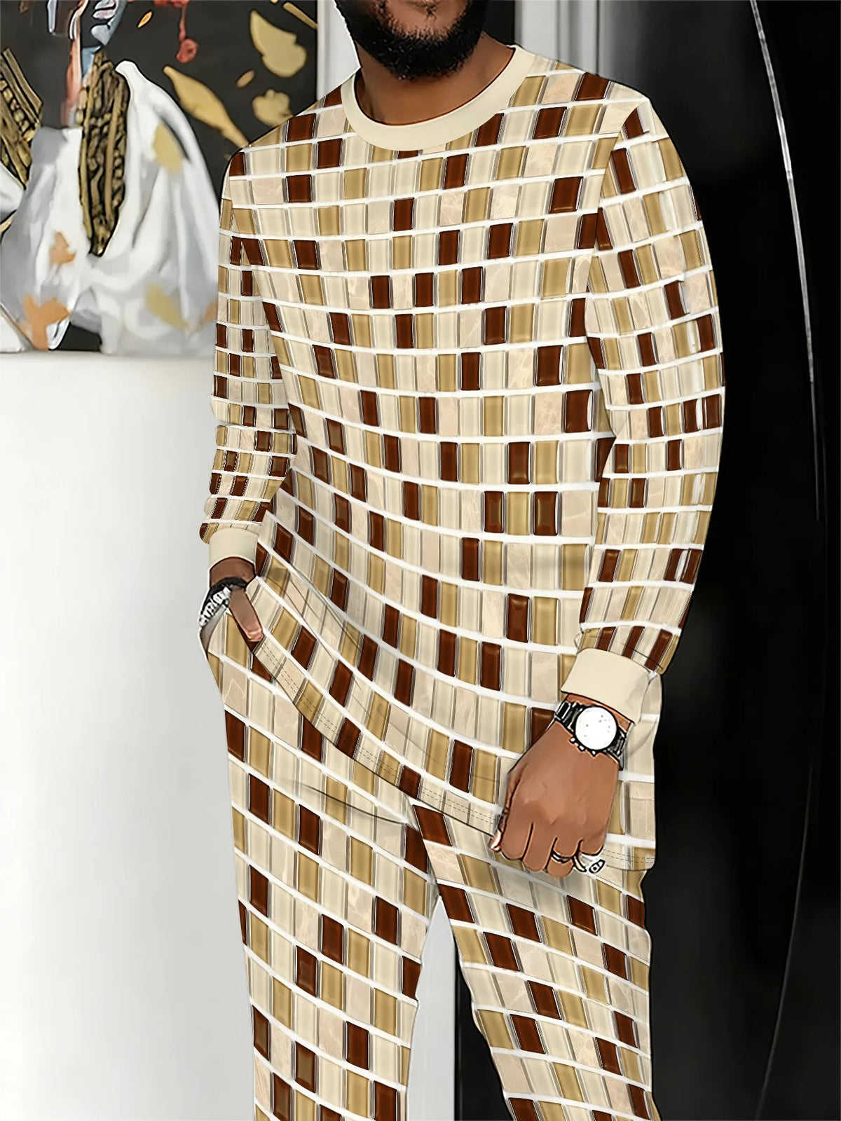 Men's Check Print Sweatshirt & Pants Set