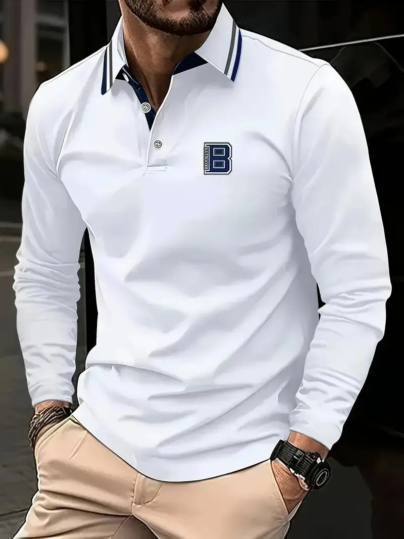 Men's Graphic Print Long-Sleeve Polo Shirt