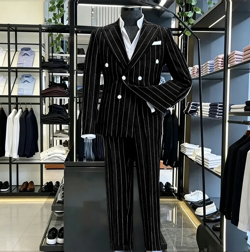 Men's Light Grey Pinstripe 2-Piece Double-Breasted Suit Set — product view