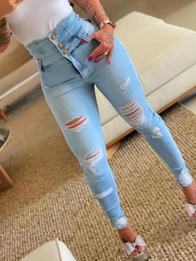 Women's Distressed Stretch Pencil Jeans — product view