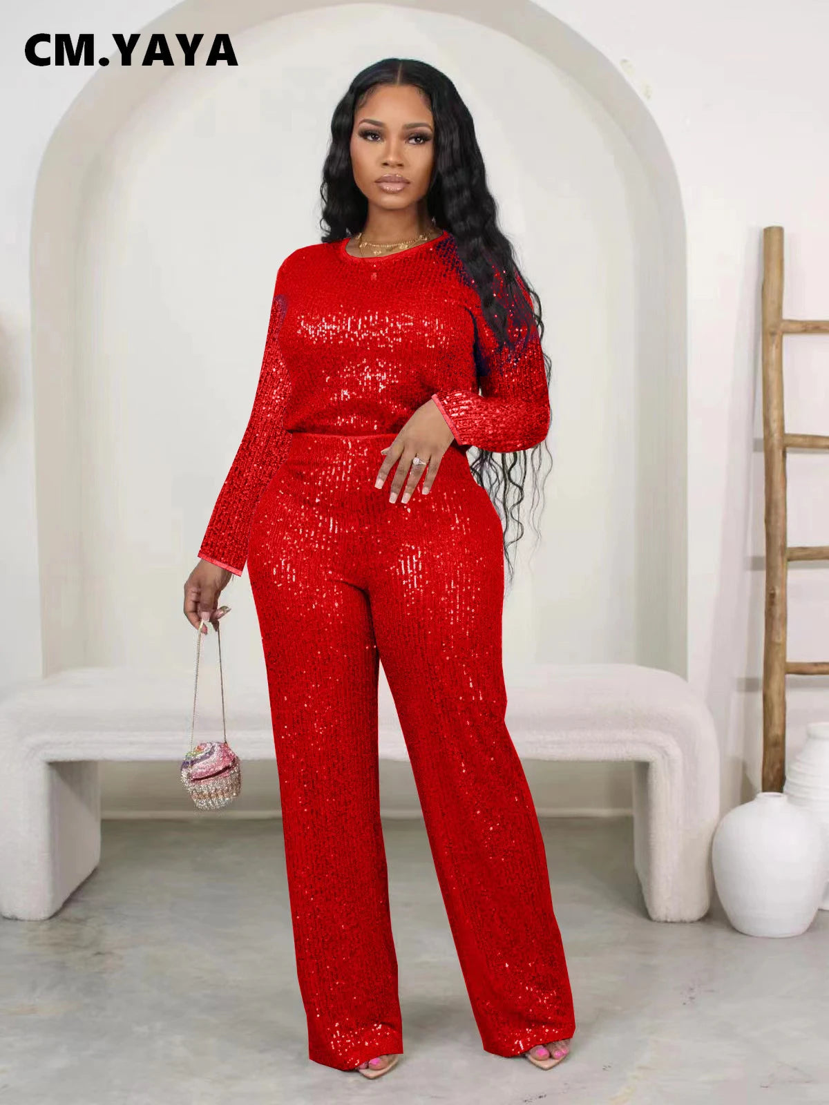 Women's Sequin Top & Wide-Leg Pants Set