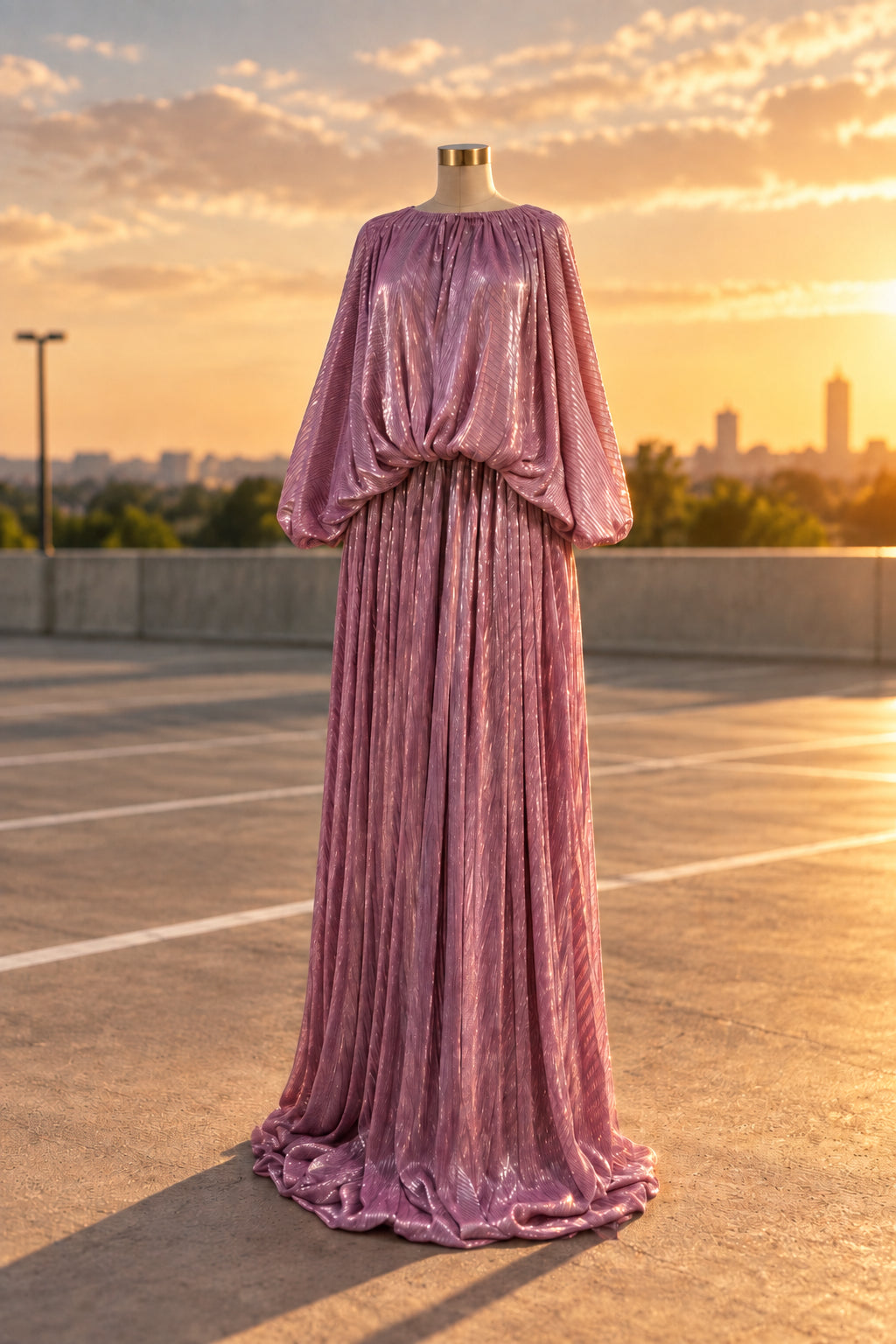 Women's Shiny Batwing-Sleeve Pleated Maxi Dress
