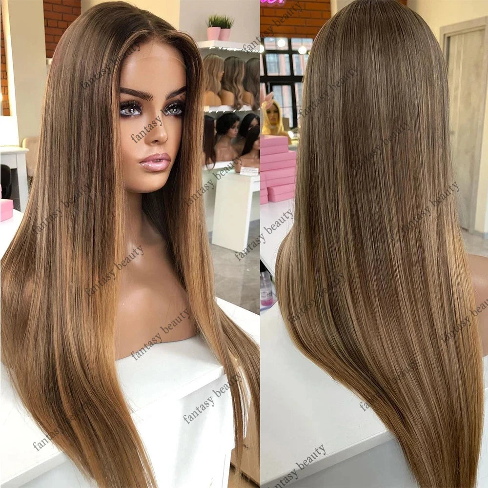 Light Brown Straight Human Hair Lace Wig — product view