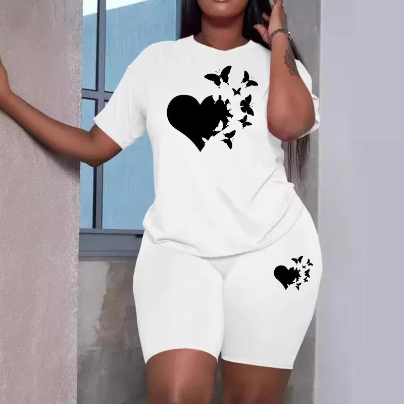 Women's Heart Print Top & Shorts Set