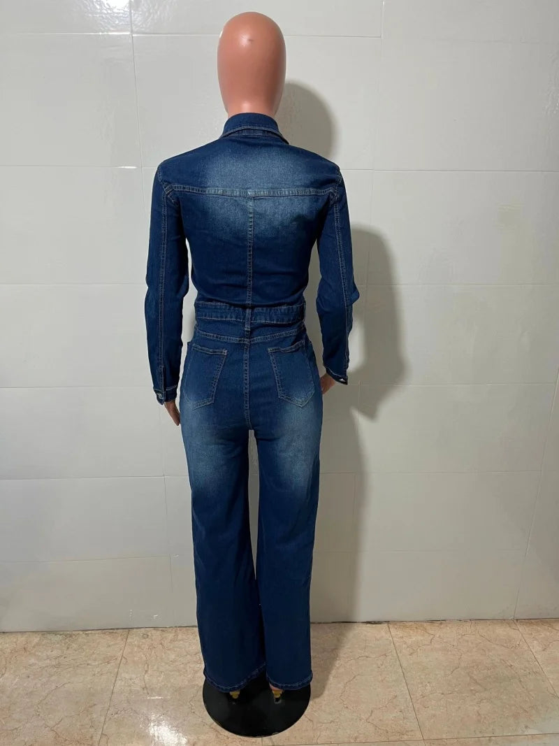 Women's Long-Sleeve Collared Denim Jumpsuit