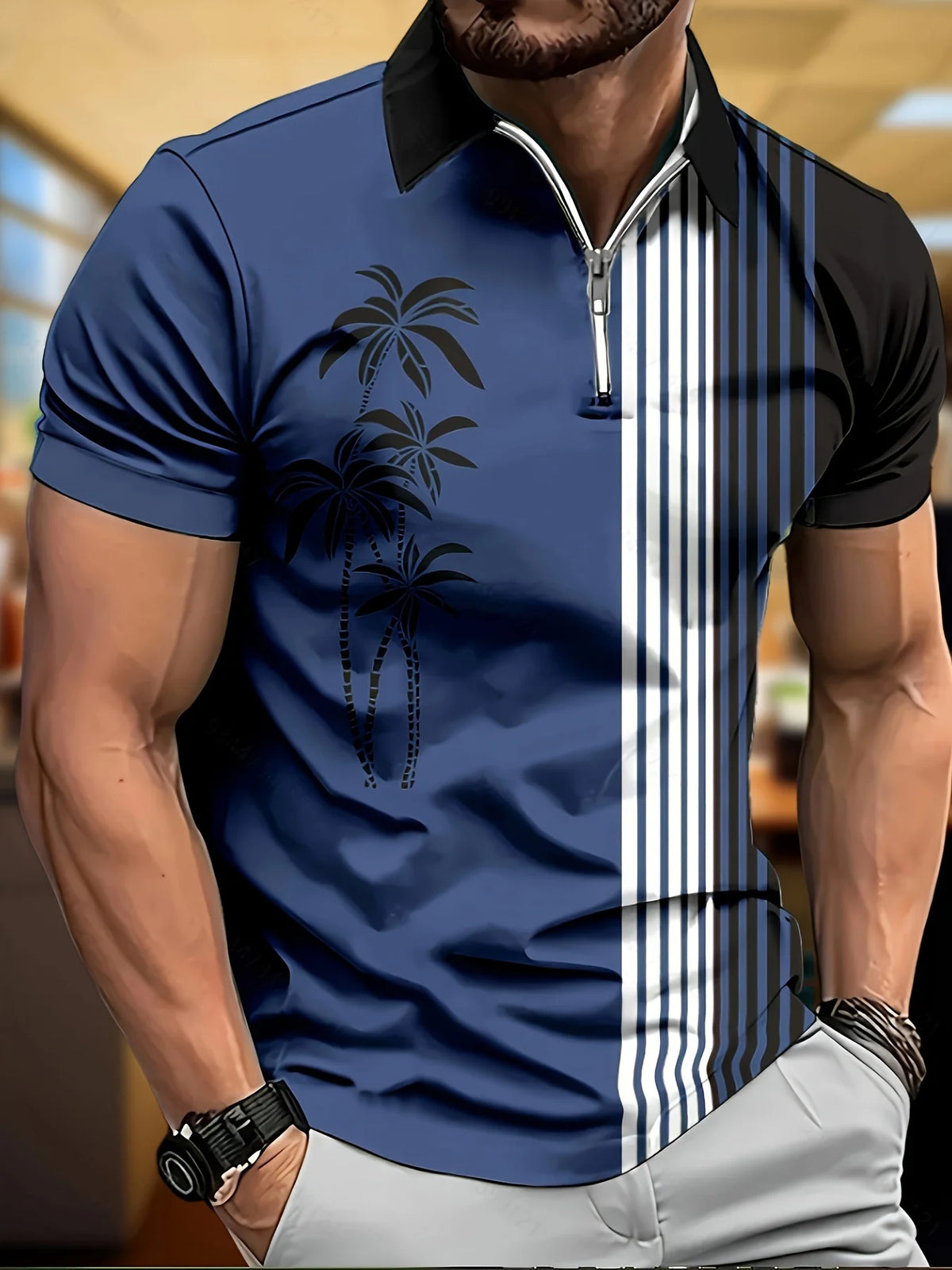 Men's Palm Tree Print Short-Sleeve Zip-Neck Polo Shirt