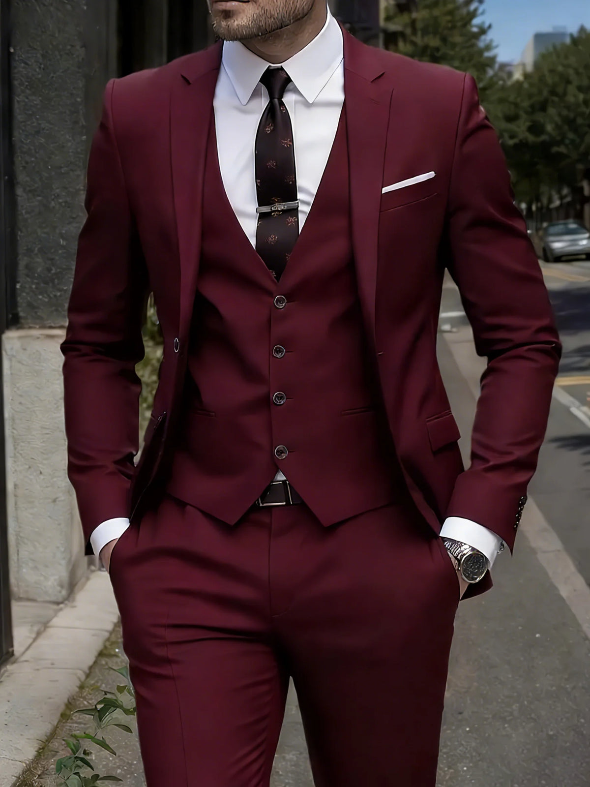 Men's Burgundy 3-Piece Slim Fit Suit Set — product view