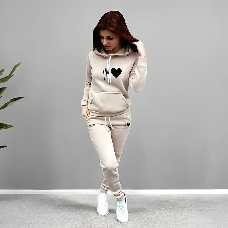 Women's Heart Print Hoodie & Pants Set