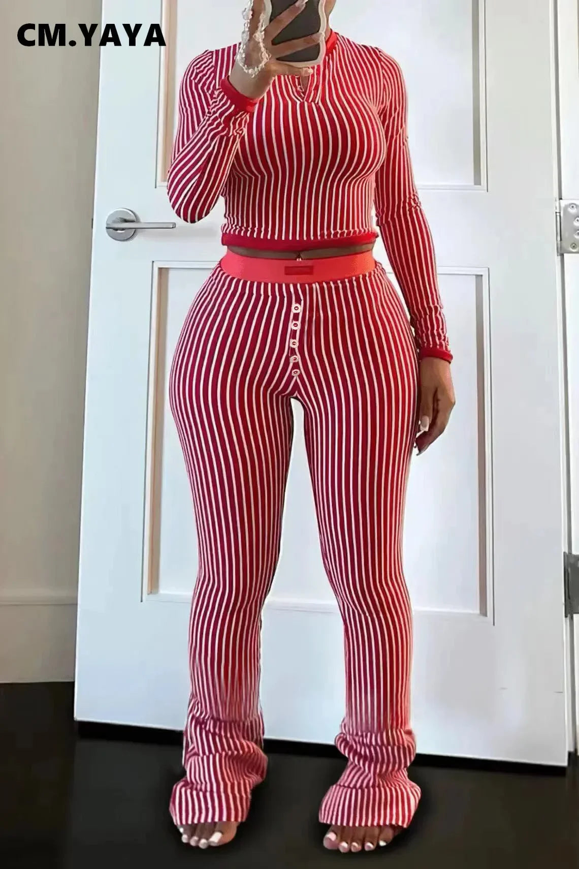 Women's Striped Crop Top & Flared Pants Set