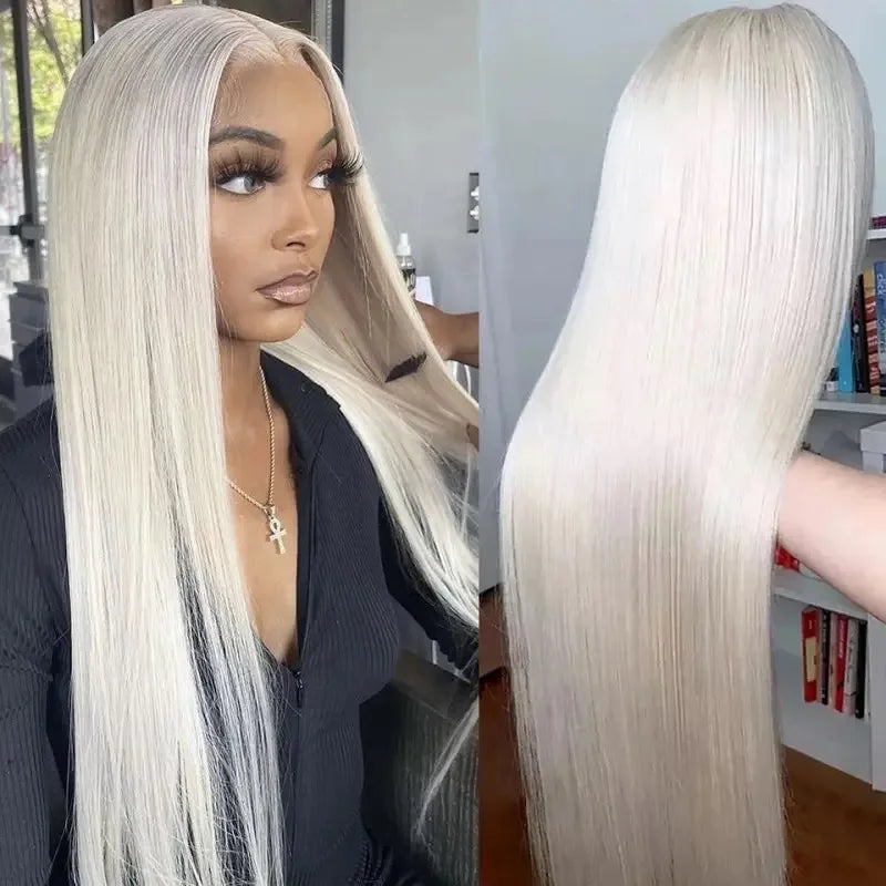 Long Silky Straight White Blonde Color Synthetic 13x4 HD Lace Frontal - OSASCO