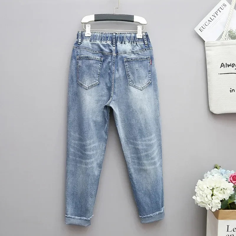 Women's Plus-Size Elastic-Waist Ripped Jeans — product view