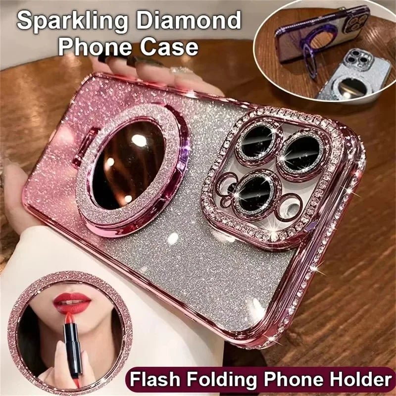 Sparkling diamond phone case with flash folding phone holder on a wooden surface