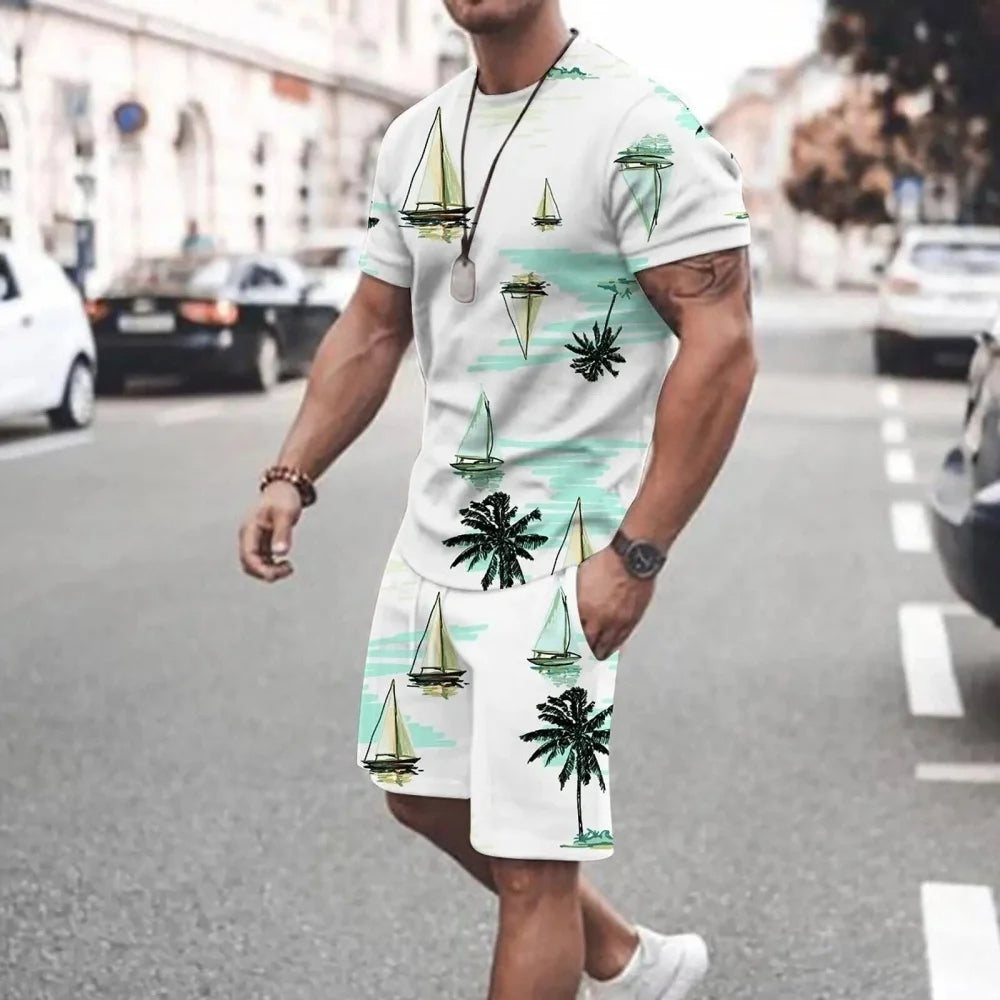 Men's Palm Tree Print Top & Shorts Set