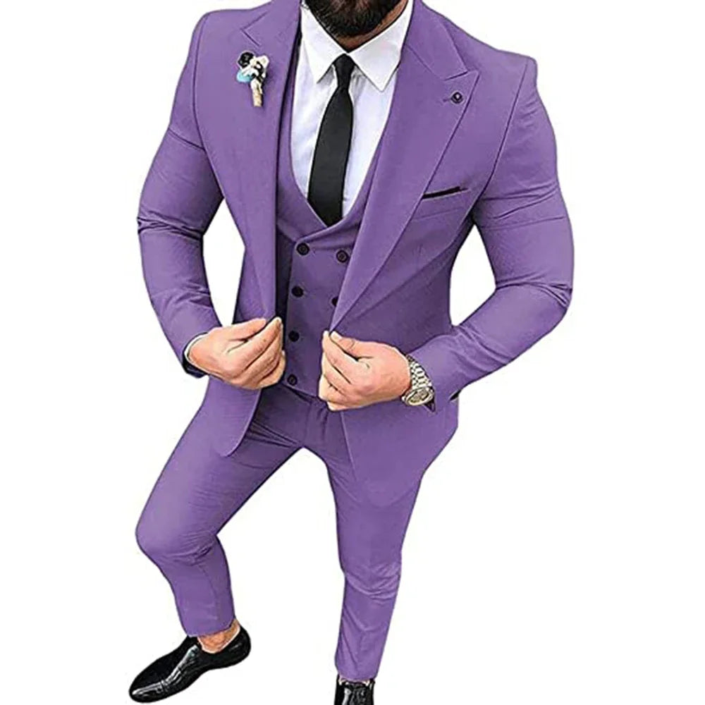 Men's Beige 3-Piece Slim Fit Peak Lapel Suit Set — product view