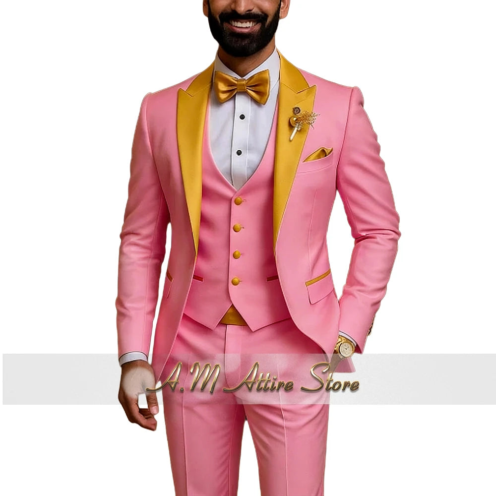 Men's Gold Peak-Lapel Three-Piece Suit Set — product view