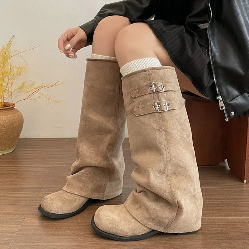 Women's Foldover Wedge Boots with Buckle Detail — product view