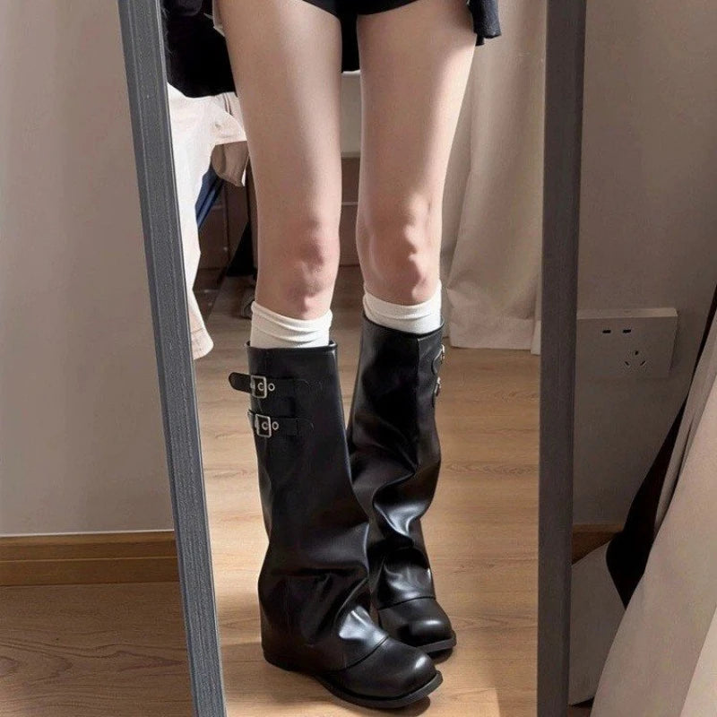 Women's Foldover Wedge Boots with Buckle Detail — product view