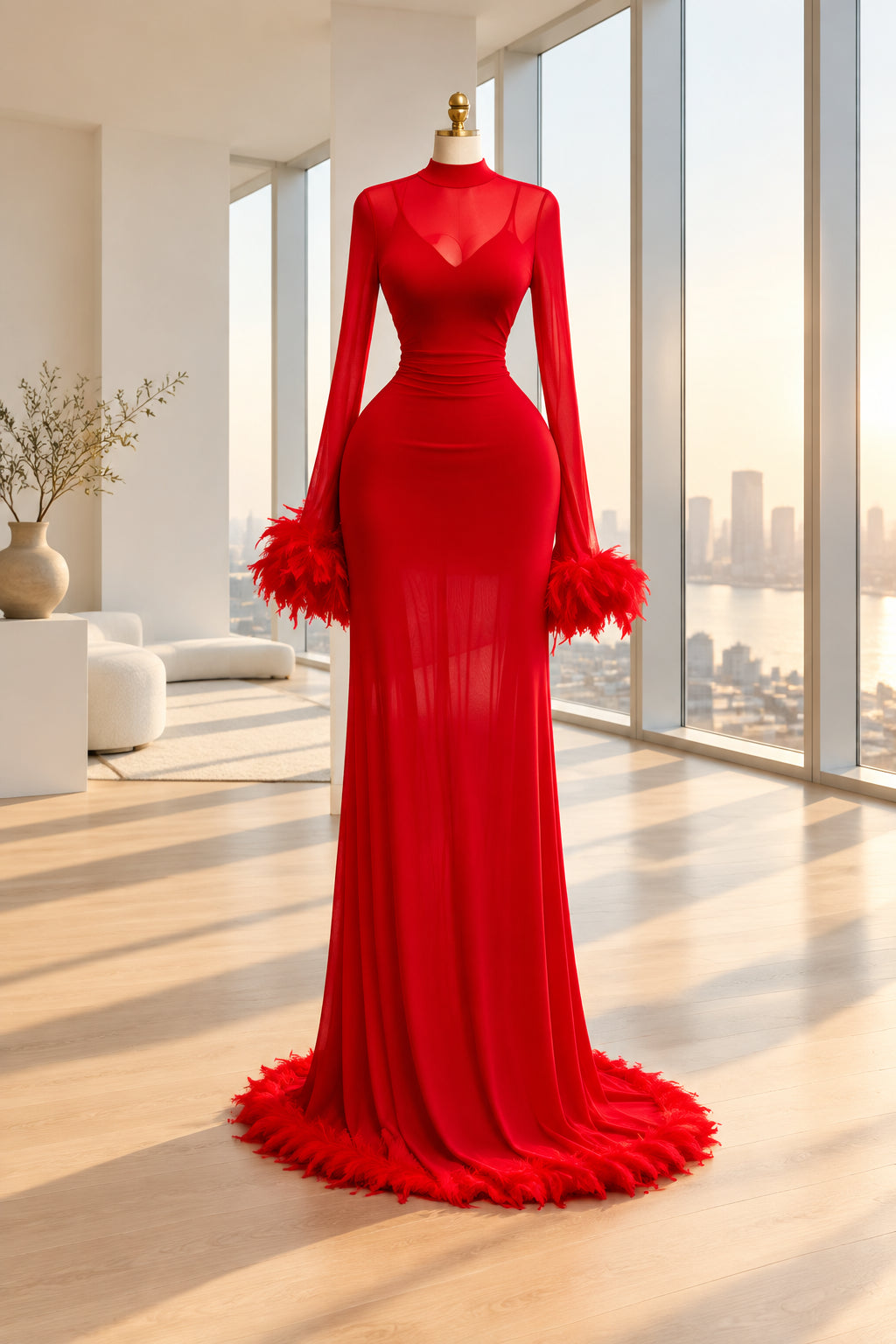 A long-sleeve red evening gown displayed on a mannequin in an indoor room setting. The dress features a sheer mesh overlay, a deep V-neckline, fitted bodice, and matching feather accents at the cuffs.