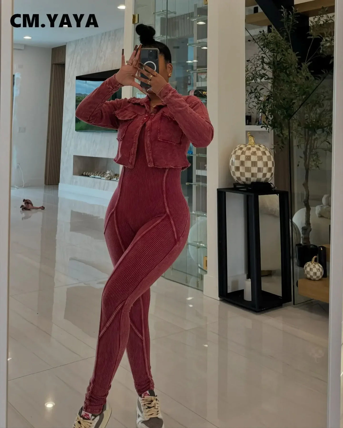 Women's V-Neck Jacket & Fitted Jumpsuit Set