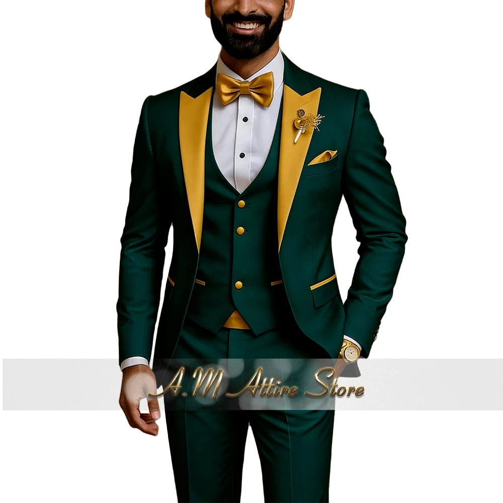 Men's Gold Peak-Lapel Three-Piece Suit Set — product view