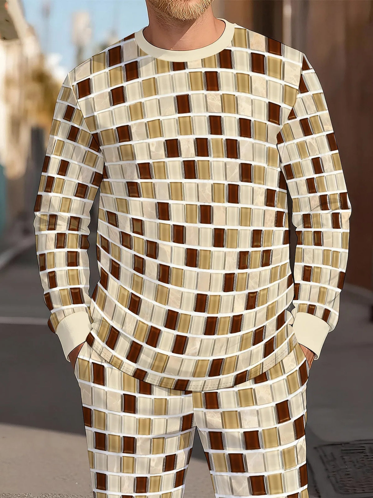 Men's Check Print Sweatshirt & Pants Set