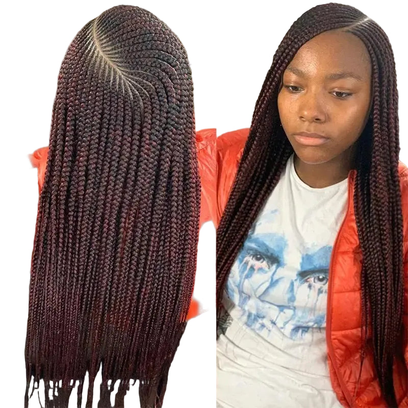36'' Burgundy Full Lace Braided Wig Faux Locs Synthetic Knotless - OSASCO