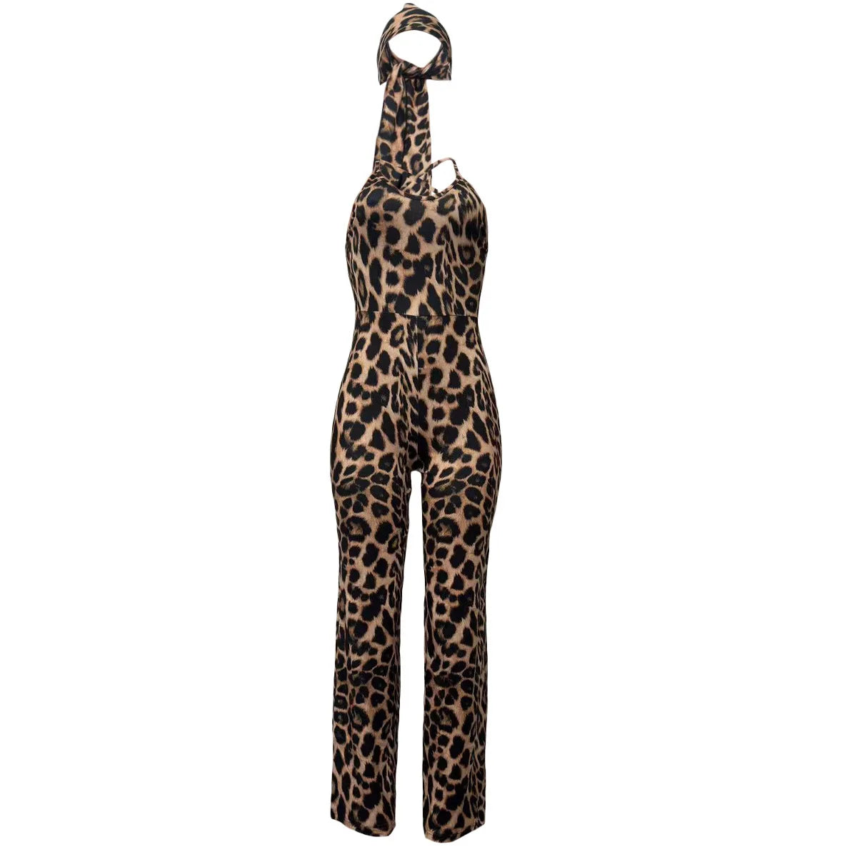 Women's Leopard-Print Strappy Jumpsuit with Scarf