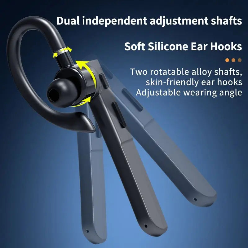 Black wireless earbud with adjustable dual-independent silicone ear hooks and rotatable alloy shafts, shown on a blue gradient background with white descriptive text.