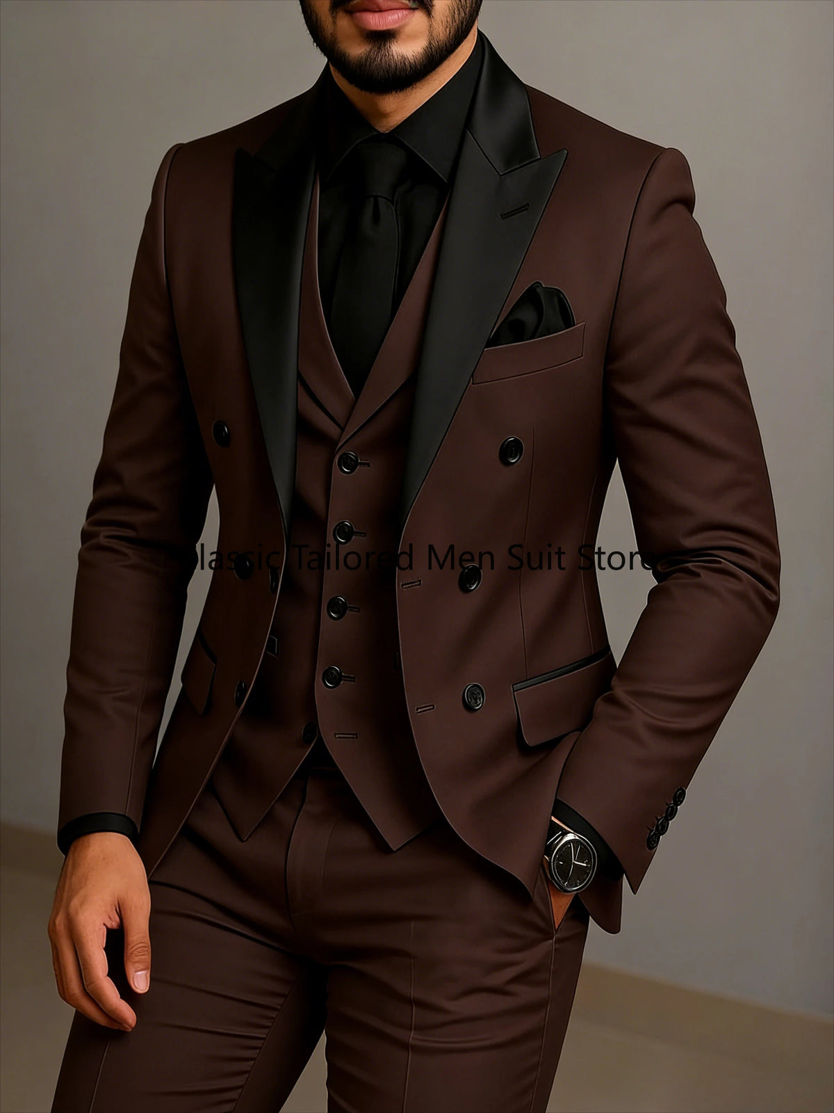 Men's Beige Slim-Fit Double-Breasted Suit Set — product view