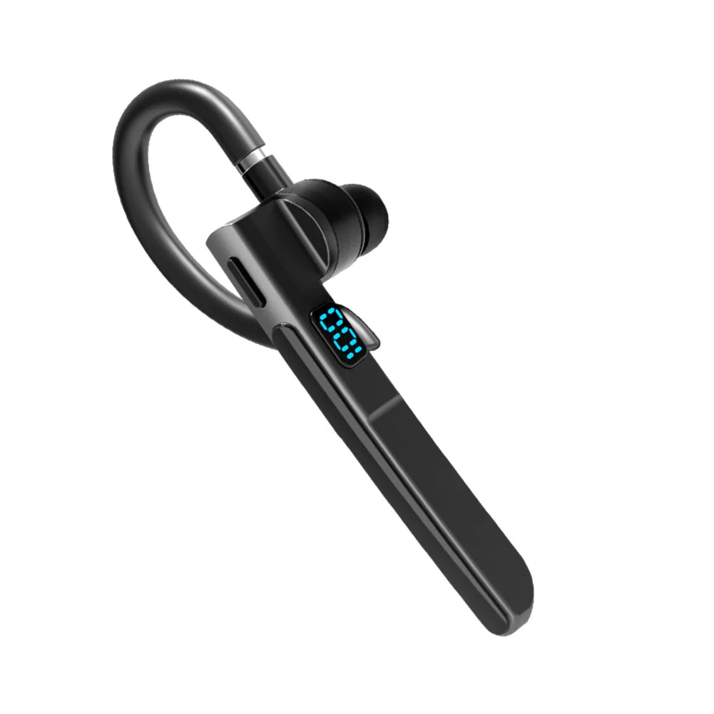Black Bluetooth headset with digital display on a white background