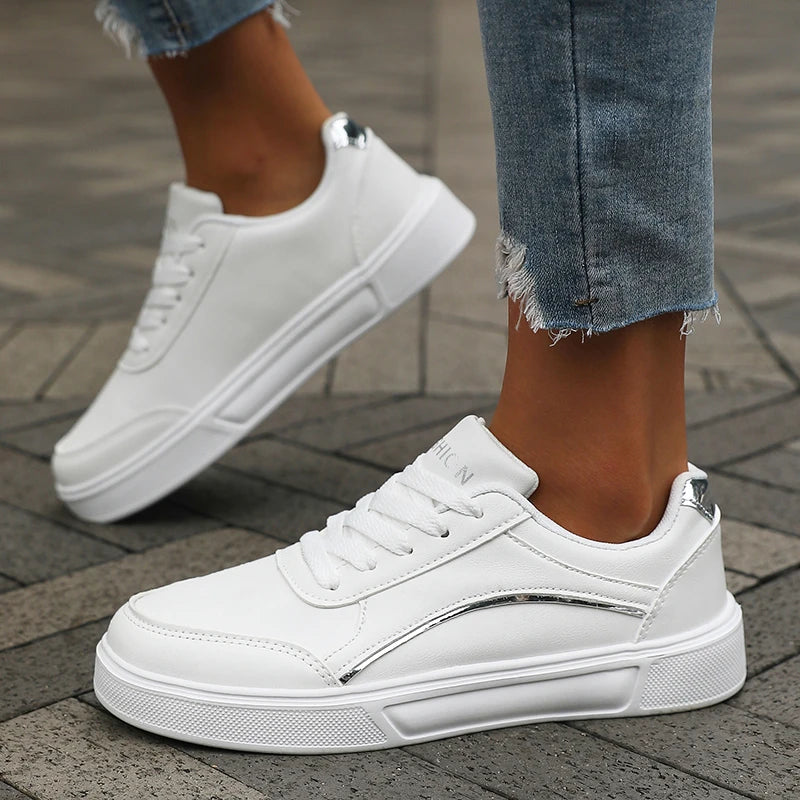 Women's White Sneakers with Silver Trim — product view