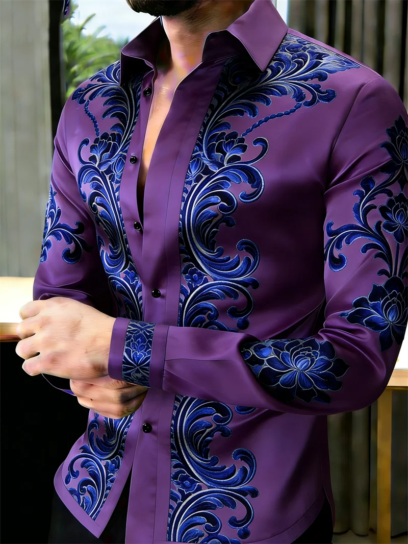 Men's Floral Print Long-Sleeve Casual Shirt